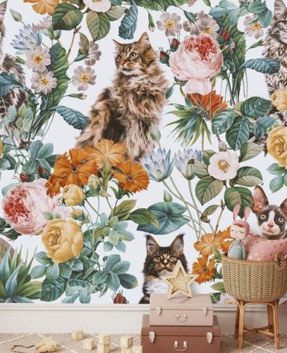 katten en bloemen behang