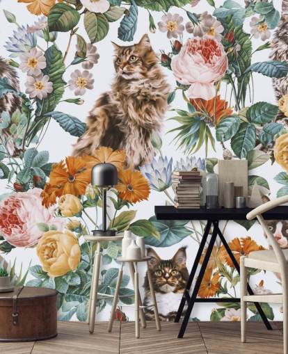 katte og blomster tapet