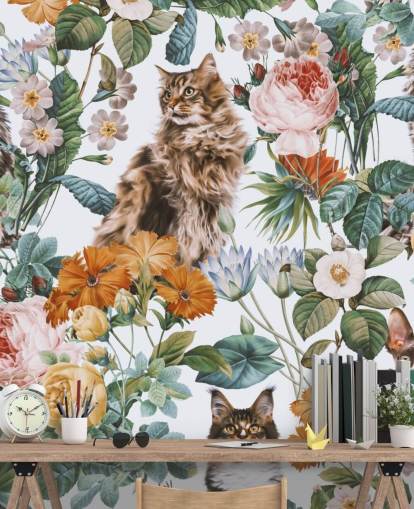 gatos e flores papel de parede