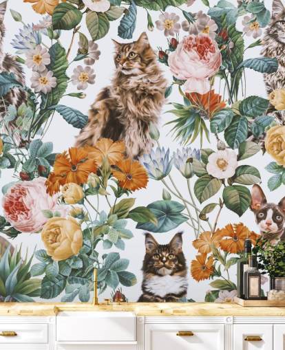 katten en bloemen behang