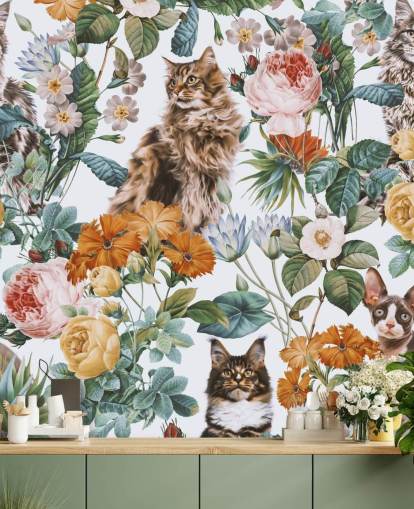 katten en bloemen behang