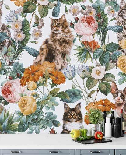 katten en bloemen behang