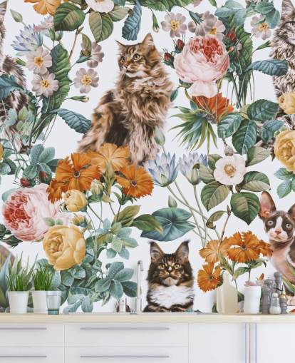 gatos e flores papel de parede