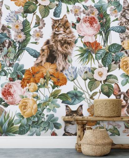 katten en bloemen behang