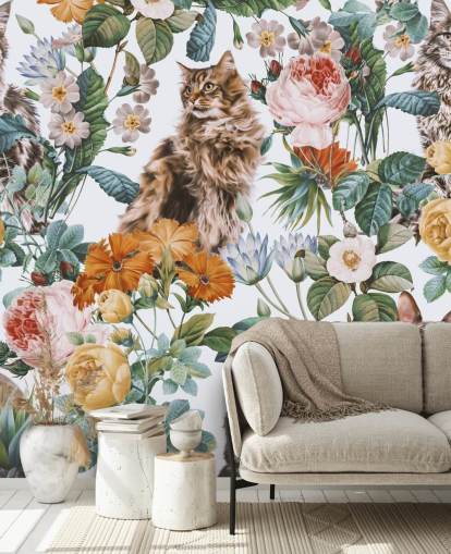 gatos e flores papel de parede