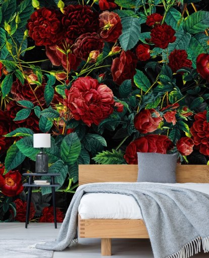 papel pintado de rosas rojas rubí y hojas verdes