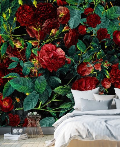 roses rouges rubis et feuilles vertes papier peint