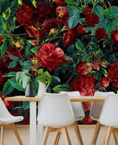 carta da parati rosso rubino rose e foglie verdi