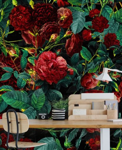 papel pintado de rosas rojas rubí y hojas verdes