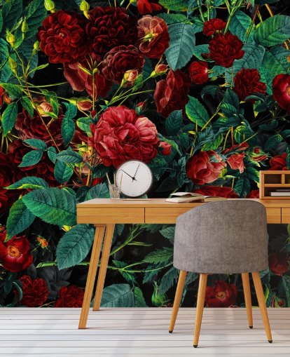 papel pintado de rosas rojas rubí y hojas verdes