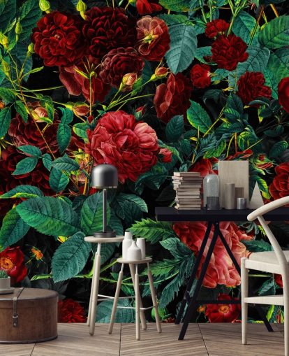 ruby red roses and green leaves wallpaper