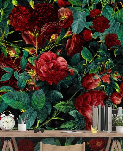 ruby red roses and green leaves wallpaper