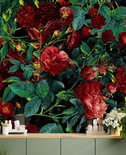 rosas vermelhas rubi e folhas verdes papel de parede