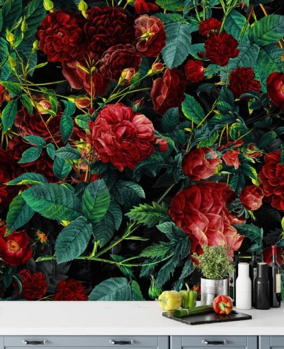 ruby red roses and green leaves wallpaper