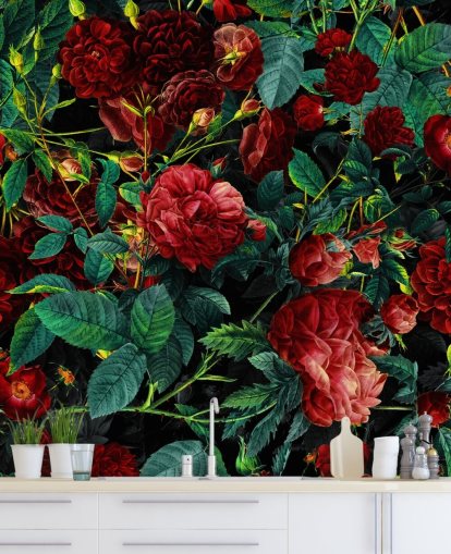 ruby red roses and green leaves wallpaper