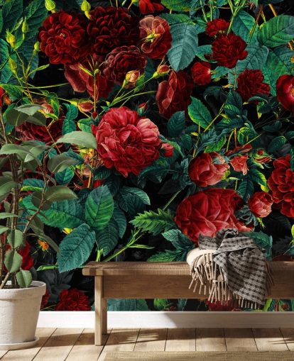 rosas vermelhas rubi e folhas verdes papel de parede