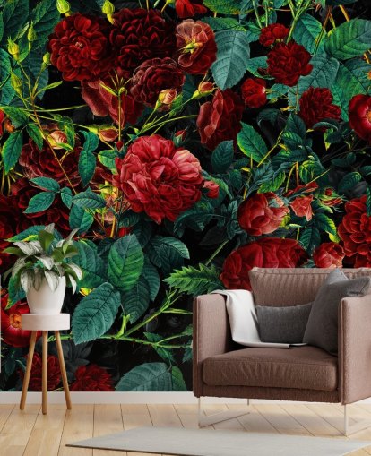 carta da parati rosso rubino rose e foglie verdi