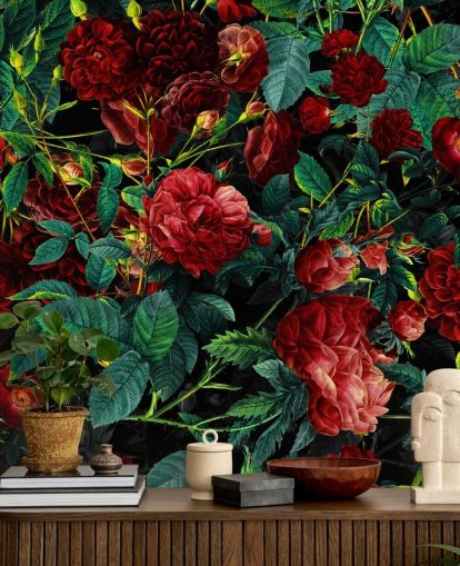 ruby red roses and green leaves wallpaper