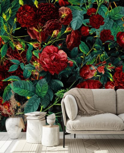 roses rouges rubis et feuilles vertes papier peint