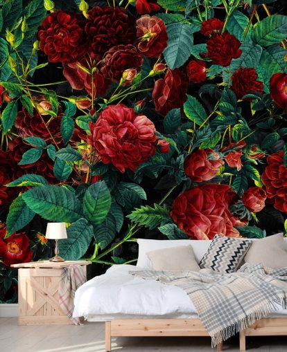 papel pintado de rosas rojas rubí y hojas verdes