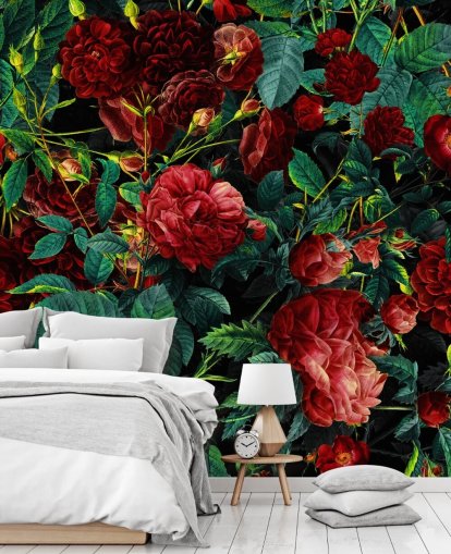 ruby red roses and green leaves wallpaper