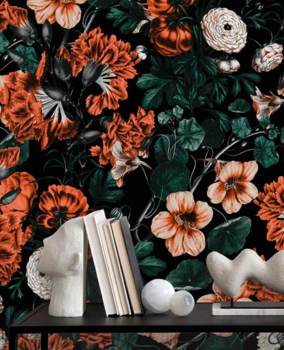 fondo de pantalla de flores rojas sobre fondo oscuro