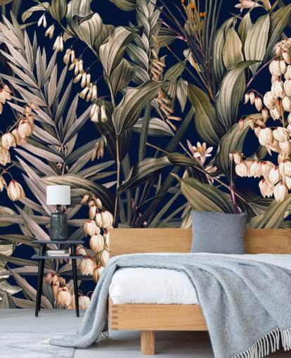 papel pintado de pequeñas flores blancas y hojas verdes papel pintado de pequeñas flores blancas y hojas verdes