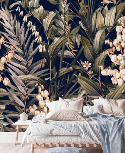 papel pintado de pequeñas flores blancas y hojas verdes