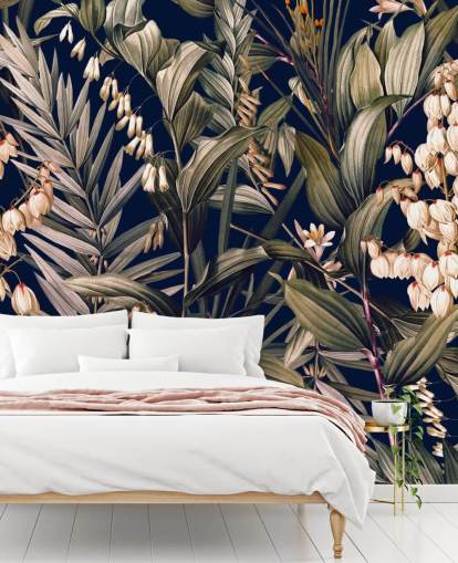 papel de parede pequenas flores brancas e folhas verdes