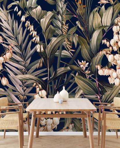 papel de parede pequenas flores brancas e folhas verdes