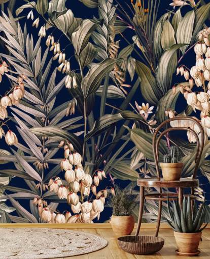 papel de parede pequenas flores brancas e folhas verdes