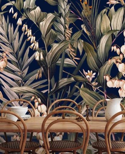 papel pintado de pequeñas flores blancas y hojas verdes