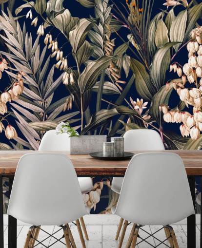 kleine witte bloemen en groene bladeren behang