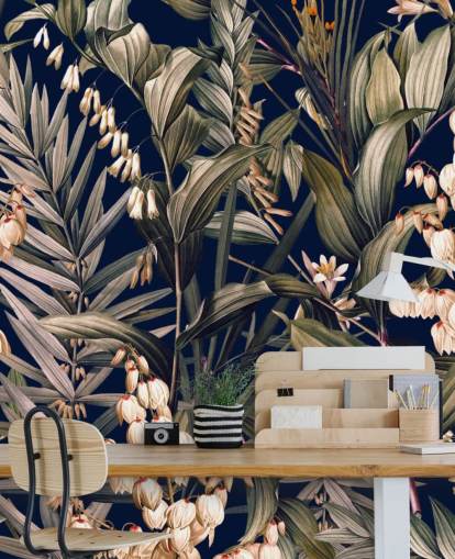 papier peint petites fleurs blanches et feuilles vertes