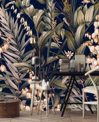 papel pintado de pequeñas flores blancas y hojas verdes papel pintado de pequeñas flores blancas y hojas verdes