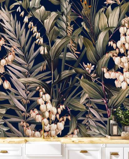 carta da parati con piccoli fiori bianchi e foglie verdi