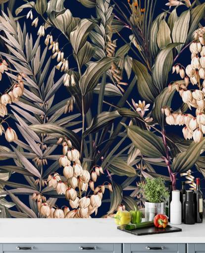 papel pintado de pequeñas flores blancas y hojas verdes