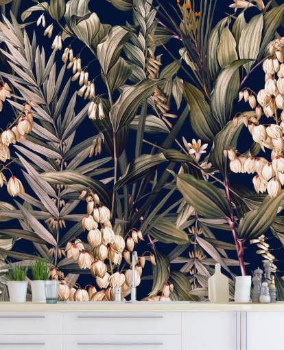 papel pintado de pequeñas flores blancas y hojas verdes