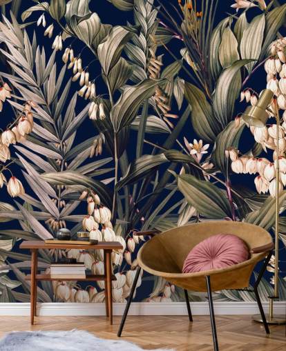 kleine witte bloemen en groene bladeren behang