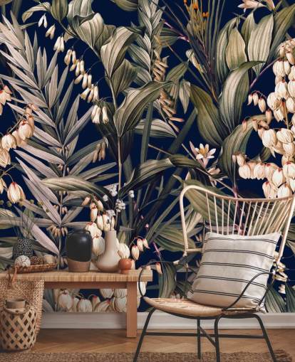 papel pintado de pequeñas flores blancas y hojas verdes