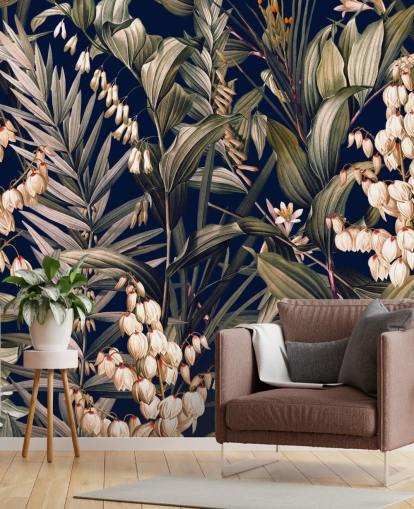 papel pintado de pequeñas flores blancas y hojas verdes