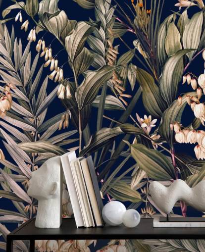 papel pintado de pequeñas flores blancas y hojas verdes