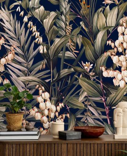 papier peint petites fleurs blanches et feuilles vertes