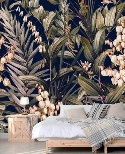 papel pintado de pequeñas flores blancas y hojas verdes papel pintado de pequeñas flores blancas y hojas verdes