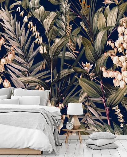 papel pintado de pequeñas flores blancas y hojas verdes papel pintado de pequeñas flores blancas y hojas verdes