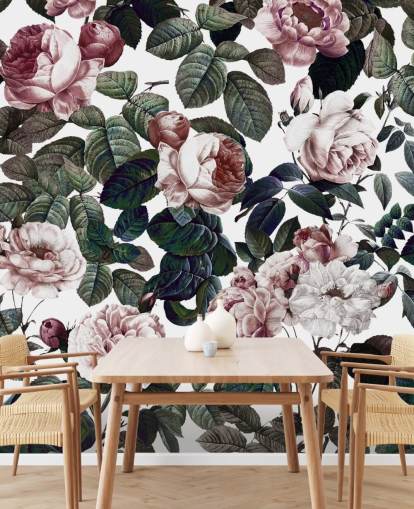 papier peint rose clair et feuilles vertes