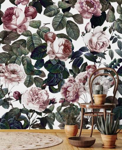 papier peint rose clair et feuilles vertes