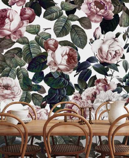 ljusrosa rosor och gröna blad tapeter