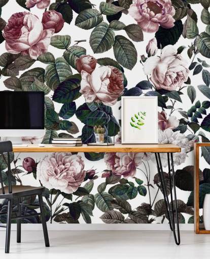 papier peint rose clair et feuilles vertes