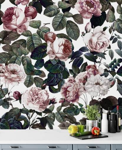 papel pintado de rosas rosas claras y hojas verdes